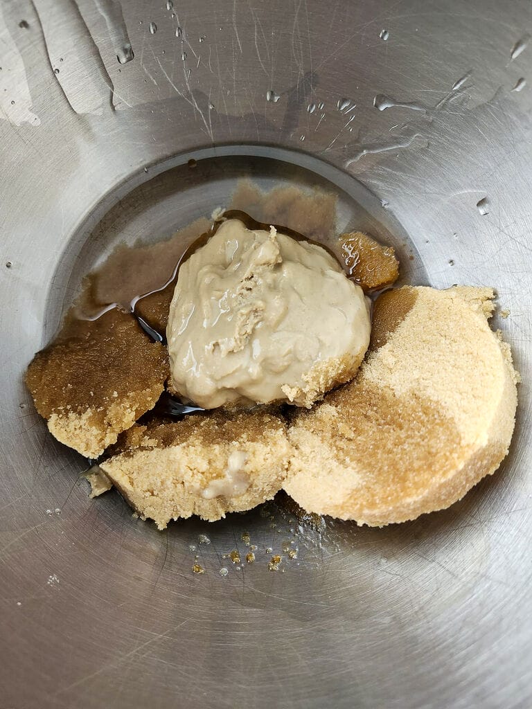 Combing the tahini, and brown sugar with the wet ingredients.