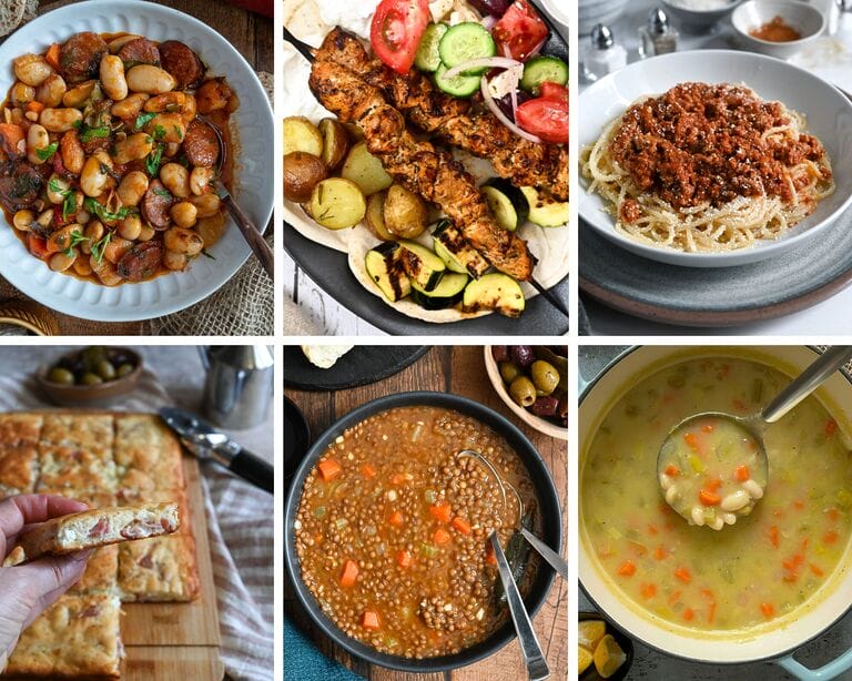 Collage of six freezer friendly Greek recipes