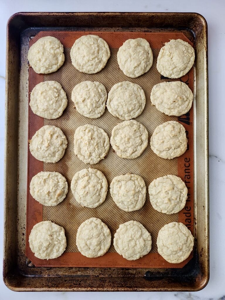 Chewy coconut cookies fresh out of the oven.