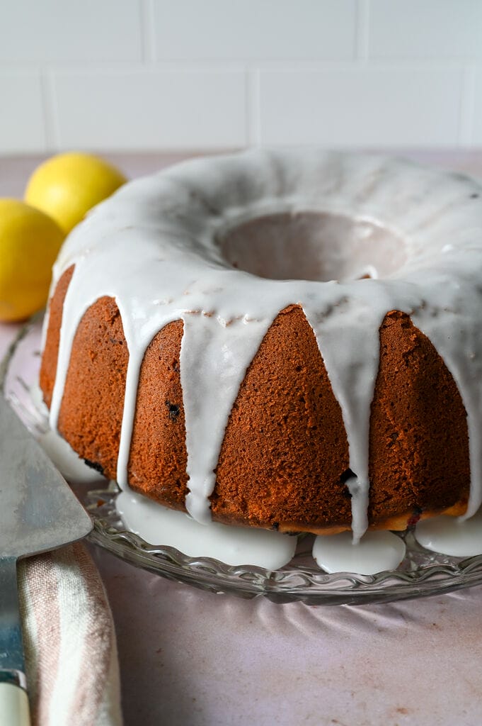 A piece of lemon and cranberry olive oil cake on a white plate.
