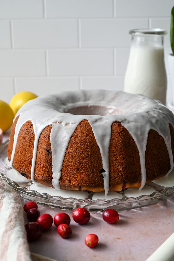 A piece of lemon and cranberry olive oil cake on a white plate.