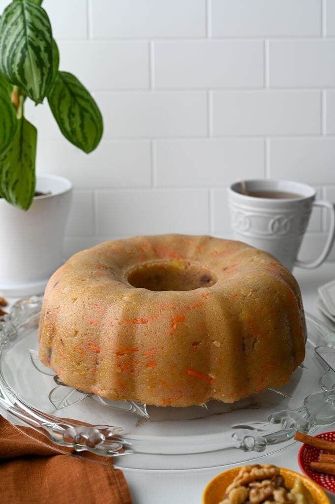 Greek carrot cake semolina halva on a glass platter.