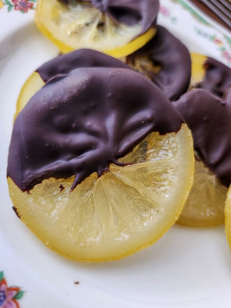 Candied lemon slices half dipped in dark chocolate.