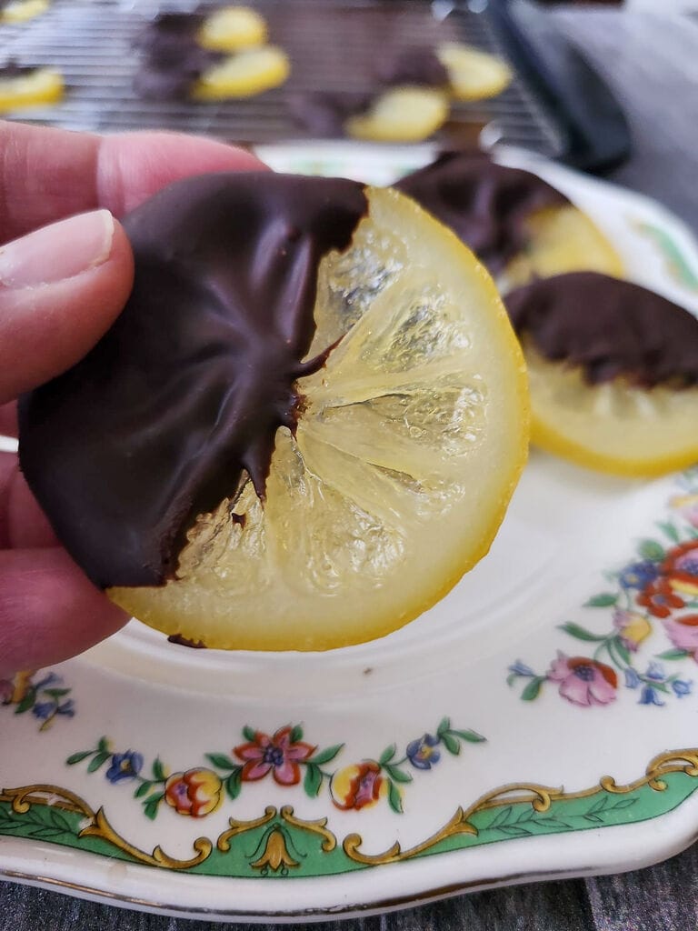 Candied lemon slices half dipped in dark chocolate.