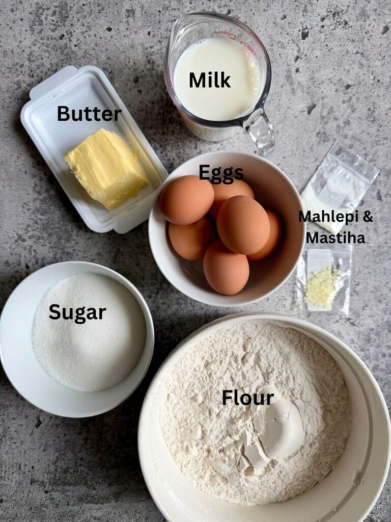 Ingredients for the Tsoureki include: Flour, sugar, Eggs, Butter, Milk, Mastiha and Mahlepi