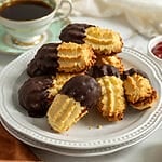 Cookies stacked on a white plate, surrounded by coffee, and jam.