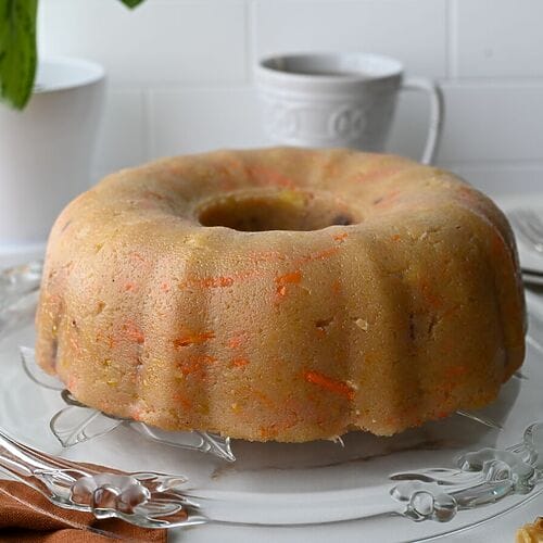 Greek carrot cake semolina halva on a glass platter.