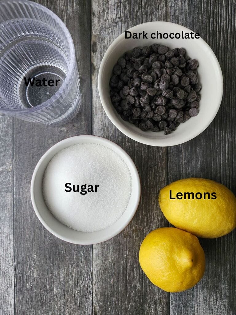 Ingredients include: Dark chocolate; Water; Sugar; Lemons.