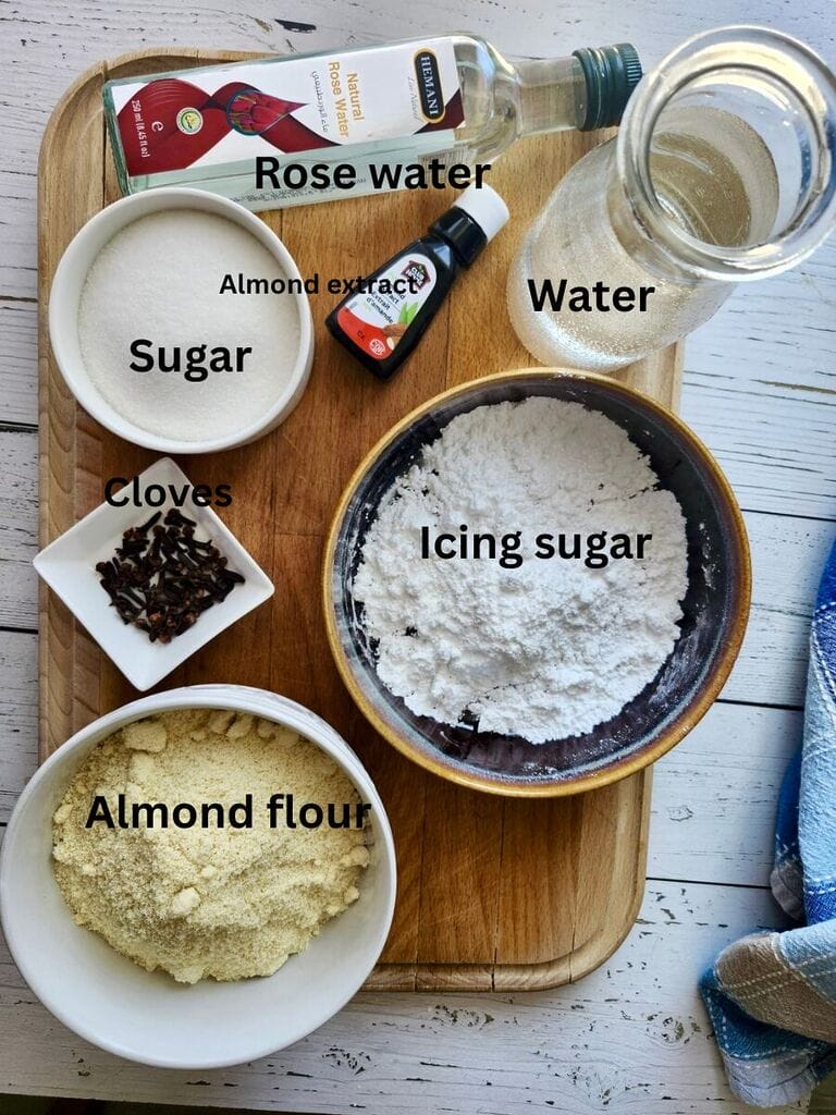 Ingredients include: sugar, rose water, almond extract, water, cloves, icing sugar and almond flour.
