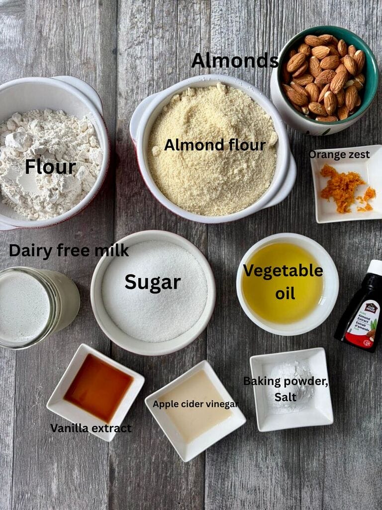 Ingredients which include: Flour; Almond flour; Almonds; Dairy free milk; Sugar, Vegetable oil; Baking powder; Salt; Vanilla extract; Almond extract; Apple cider vinegar; Orange zest