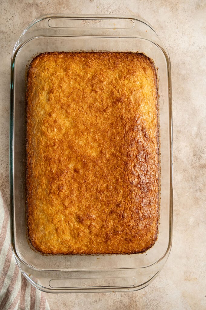 The baked lemonopita in a glass pyrex dish.