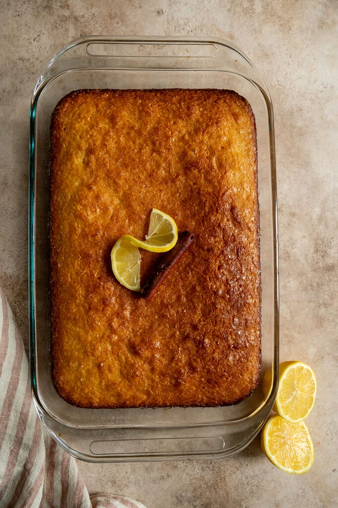 The baked lemonopita in a glass pyrex pan.