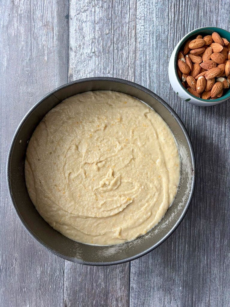 The cake in a springform pan.