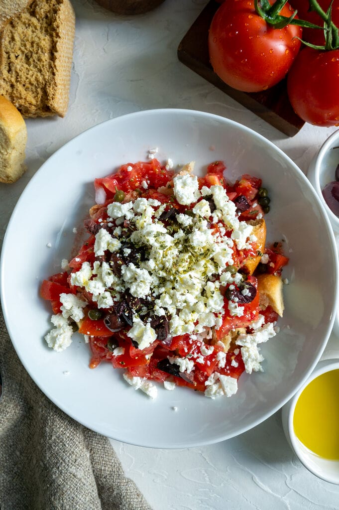 Cretan dakos in a white bowl.