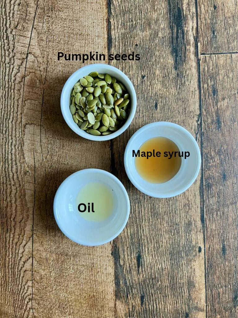 Ingredients for the topping include: pumpkin seeds, maple syrup and oil.