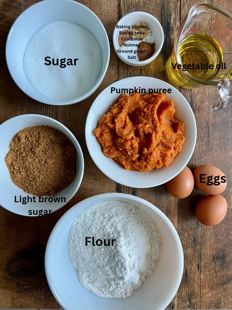 Ingredients for the pumpkin bread include: Sugar, Flour, Light brown sugar, pumpkin puree, vegetable oil, Eggs, baking powder, baking soda, cinnamon, nutmeg, ground ginger and salt.